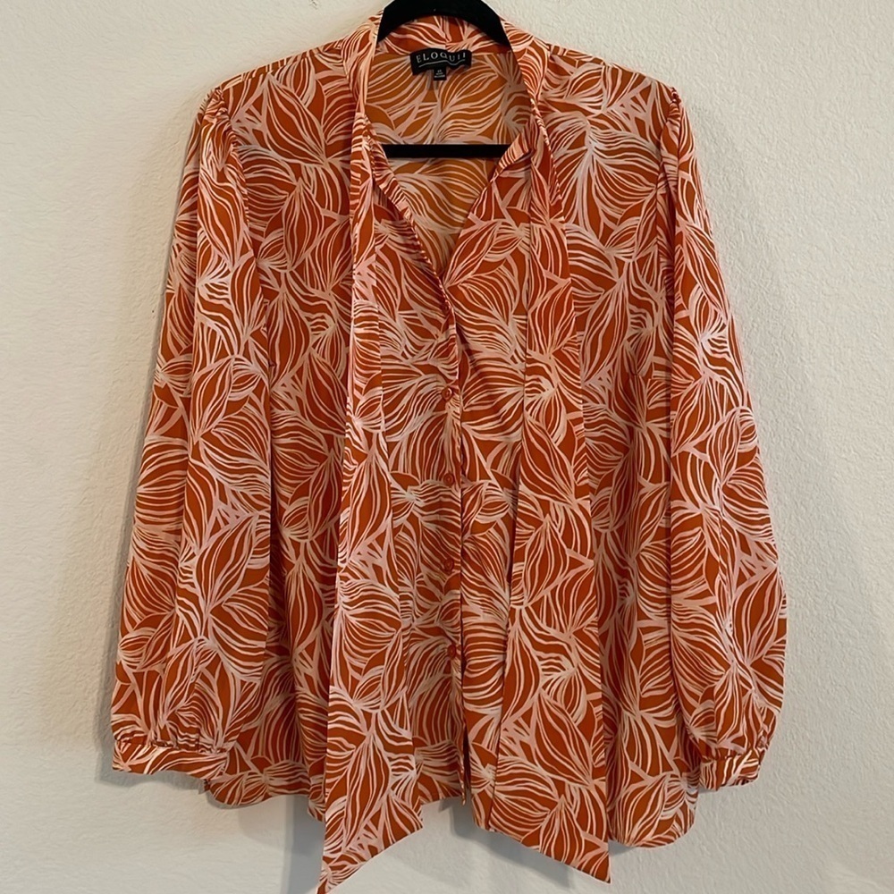Eloquii Women’s Button Front Top Size 14 Orange Floral Print Balloon Sleeve